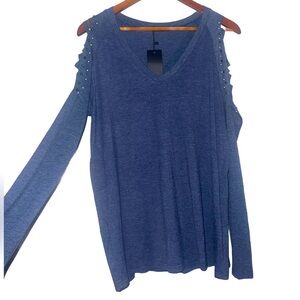 Fringe and beaded Blue Cold Shoulder Top